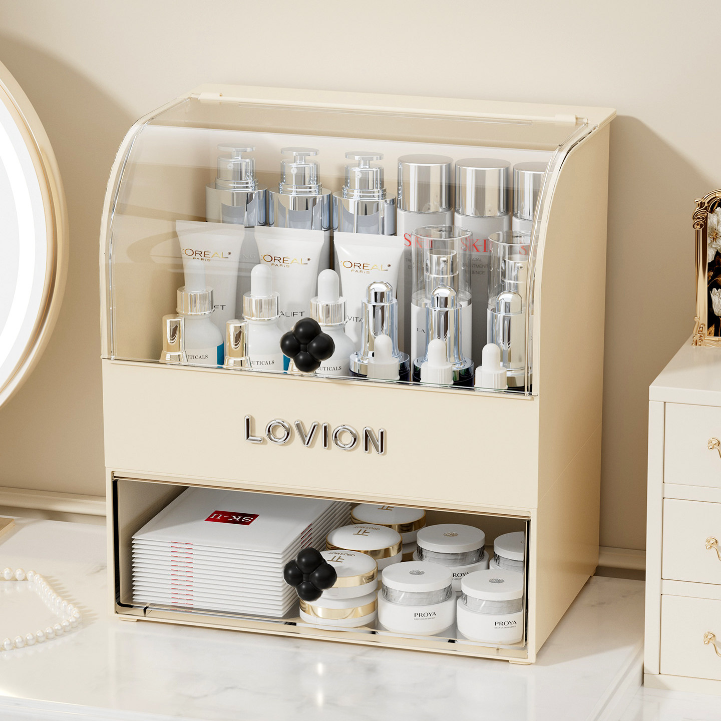 化妆品收纳盒桌面梳妆台带盖防尘护肤品口红置物架子抽屉式高级感,收纳整理,桌面收纳盒,淘宝优惠券,粉丝福利购,淘宝优惠卷