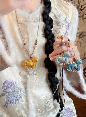 「颈上丹青」双面宋锦小马吊坠项链女款新中式国风毛衣链挂绳配饰