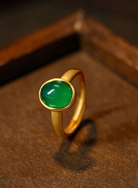 新中式国潮风古法镀金复古感椭圆几何镶嵌祖母绿宝石开口戒指