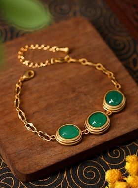 跨境气质复古椭圆几何绿宝石配件链条铜镀金手链小红薯直播热销