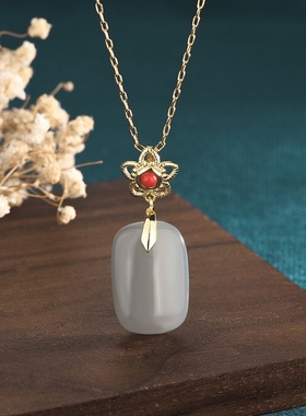 2022国潮新品古装汉服女生配饰古法镀金镶嵌仿和田玉挂坠复古项链