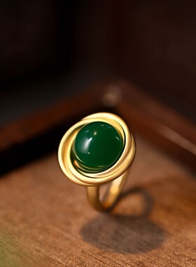 国潮仿和田玉戒指女镀金圆形碧玉戒指不掉色小众时尚简约指环女