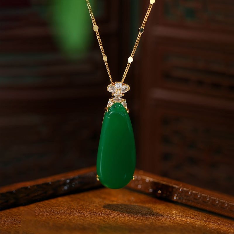 正阳绿高冰种仿翡翠吊坠缅甸a货18K金镶嵌正品女水滴玉坠妈妈礼物