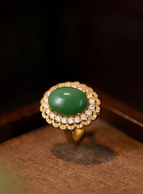 新中式镀金仿和田玉碧玉蛋面锆石花纹满绿阳绿玛瑙绿玉髓戒指女