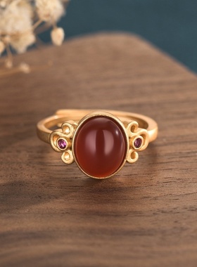 新款创意设计古法金镶嵌红玛瑙戒指气质百搭女士款开口指环