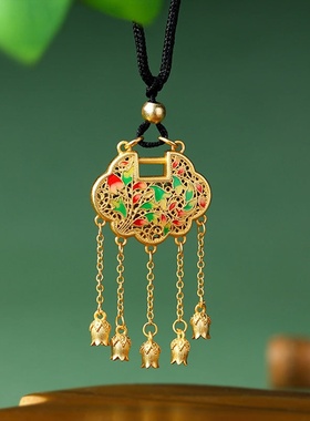 新中式国潮5D硬金工艺好运莲莲平安锁流苏系列吊坠古装汉服项链女