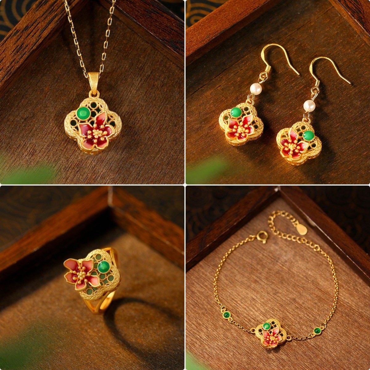 持久保色小众轻奢珐琅仿玉石小众复古轻奢花语耳饰项链戒指套装