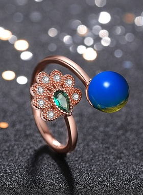 2021夏季新款宫廷风设计二代合成蓝珀孔雀开口可调节指环蜜蜡戒指