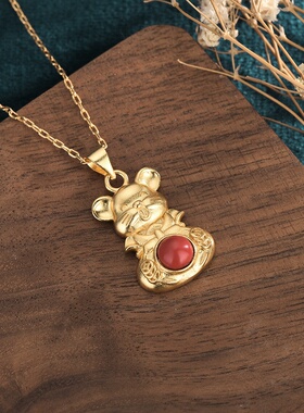 2022生肖虎年虎虎生威聚宝盆古法镀金挂坠镶嵌仿南红宝石吊坠项链