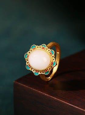 直播热卖民族风古法镀金仿玉石戒指女玫瑰花香活口指环