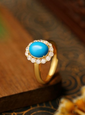 轻奢绝美中古风人造绿松石戒指时尚简约气质感百搭食指戒女