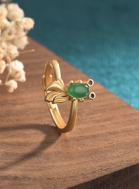 网红直播供货国风古法镀金镶嵌天然玉髓玛瑙锦鲤鱼可调节戒指指环