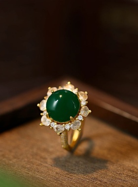 新中式复古天然帝绿玉髓玛瑙戴妃戒指阳绿女戒玉器直播礼品货