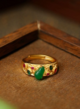 艾尔缘古法金工艺持久保色仿翡翠复古国风唐草纹福禄葫芦多宝戒指