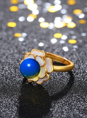 网红直播供货旗袍古装配饰古法金工艺镶嵌二代蓝珀琥珀山茶花戒指