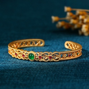 原创设计典承古法宫廷花丝镀金镶嵌天然玉髓镀金镂空开口手环手镯