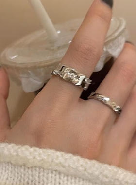 银色素圈锆石开口戒指女小众设计冷淡风情侣指环时尚个性食指戒潮