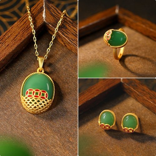 小红书热卖真金电镀祖母绿宝石财源滚滚蛋面项链戒指耳环套装女