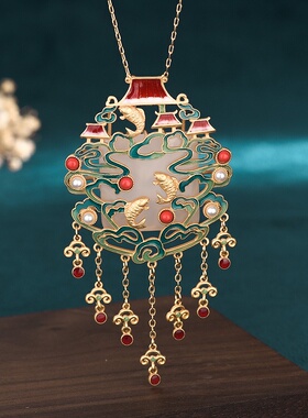 2021秋冬国潮新品配饰古法镀金仿和田玉鱼跃龙门流苏古风旗袍项链