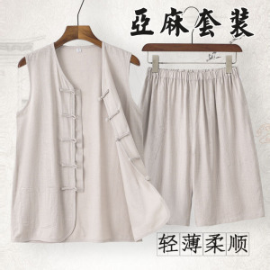 亚麻唐装马甲男夏季套装薄款背心短裤无袖马褂中式坎肩汗衫老头衫
