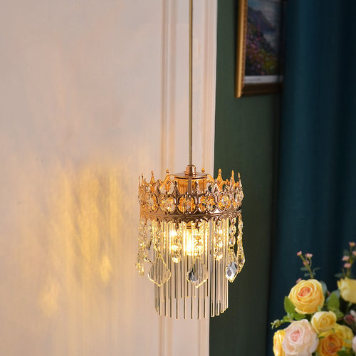 卧室床头吊线水晶灯欧式吧台小吊灯新款法式皇冠吊灯背景墙流苏灯