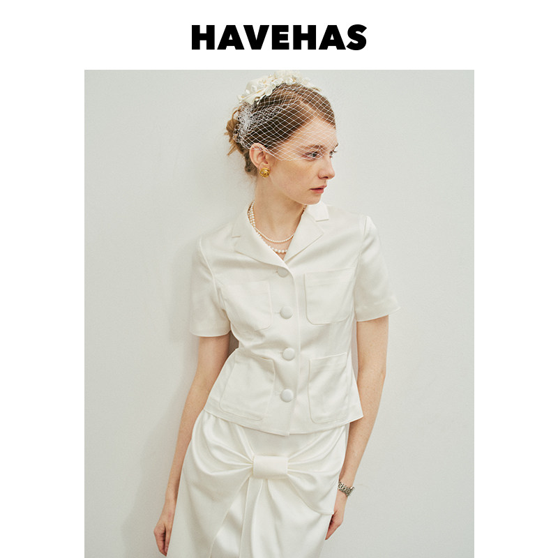 HAVEHAS白月光 高奢醋酸缎多场合轻礼服套装短袖外套/蝴蝶结半裙