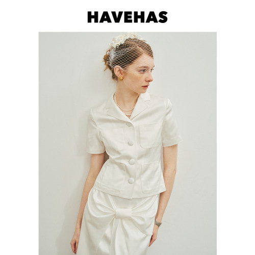 HAVEHAS白月光 高奢醋酸缎多场合轻礼服套装短袖外套/蝴蝶结半裙