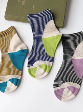袜子女清新条纹拼色中筒袜棉质舒适无骨缝合棉袜简约百搭紫色袜子