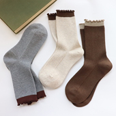 木耳边撞色袜子女绵羊毛舒适保暖中筒袜纯色日系复古甜美花边长袜