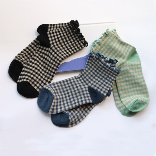 韩版日系花边格子短袜