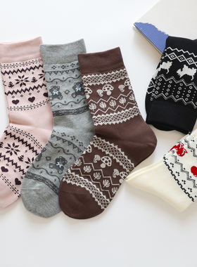费尔岛提花中筒袜女秋冬加厚保暖棉袜百搭学院风可爱小熊堆堆袜女
