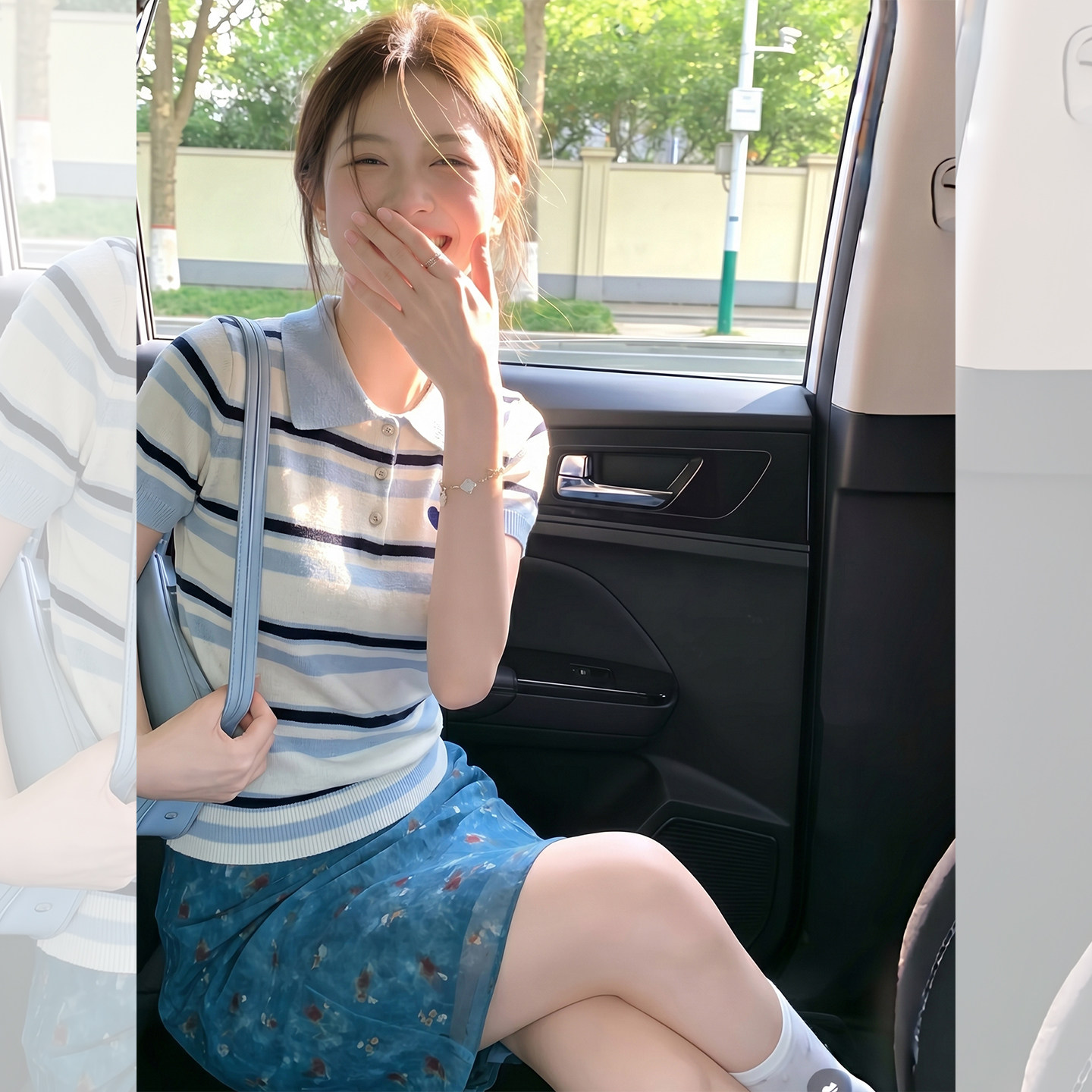 蓝白撞色条纹爱心针织翻领短袖T恤女2026夏季新款高端白领小上衣