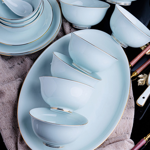 景德镇高温影青瓷碗饭碗面碗家用餐具金边餐具青釉高白泥碗