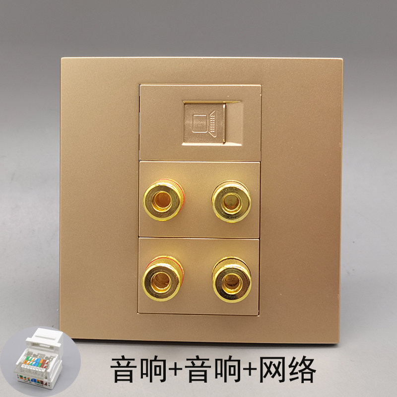 香槟金86型2个凸头音响网络插座4头4孔音箱5.1环绕音频超五类插座