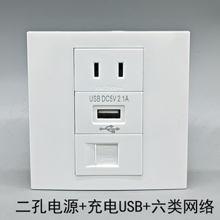86型二孔10A电源插座USB充电免打六类网络插口墙壁插座CAT6面板