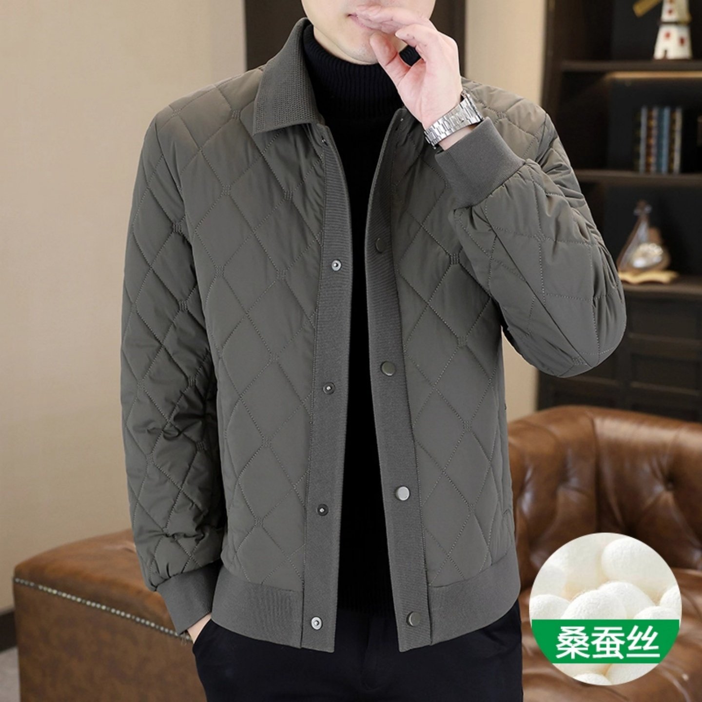 啄木鸟高端菱形格棉服男士桑蚕丝薄棉袄外套男装新款秋冬季薄棉衣