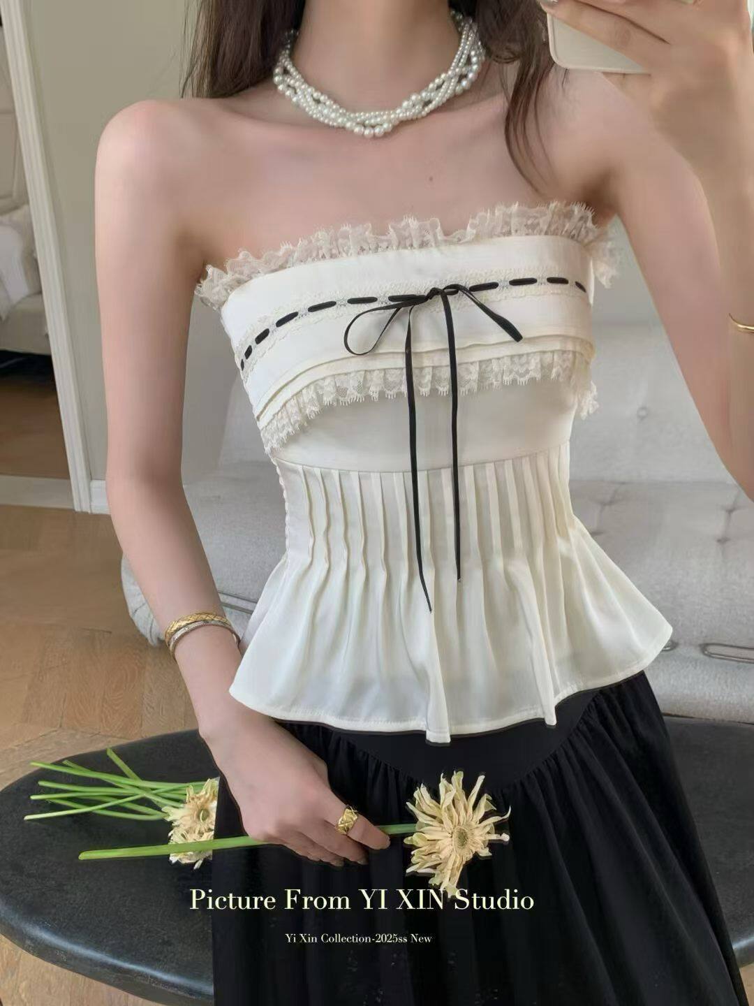衣信蝴蝶结系带蕾丝花边抹胸背心女外穿收腰纯欲辣妹风内搭上衣