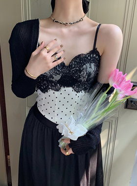 甜美辣妹纯欲蕾丝拼接波点修身显瘦短款2025性感新款女装吊带背心