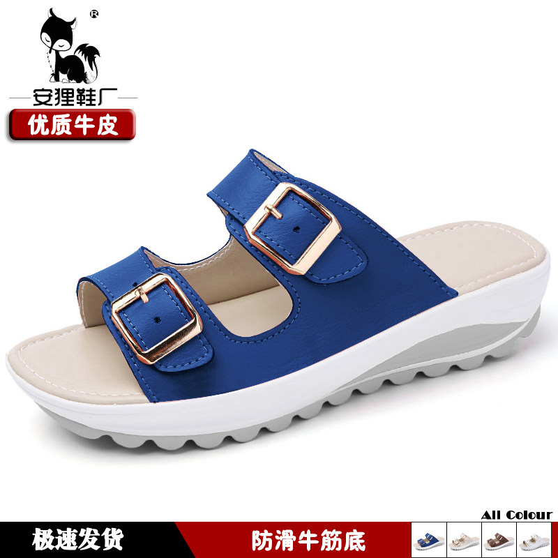 夏季安狸女鞋双扣平底休闲女凉鞋真皮防滑孕妇凉拖妈妈鞋沙滩鞋子