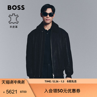 25年冬款 男士 BOSS博斯 可拆卸领子宽松飞行员夹克皮衣 羊皮革