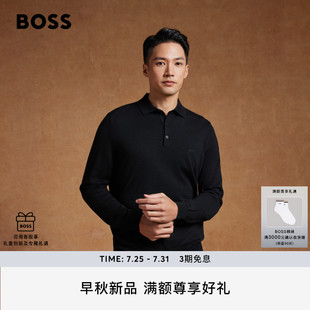 饰长袖 男刺绣装 100%羊毛 休闲Polo领针织衫 BOSS博斯