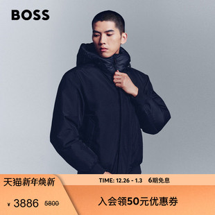 男士 BOSS博斯 25年冬季 新款 饰双重门襟连帽羽绒服 徽标装 保暖