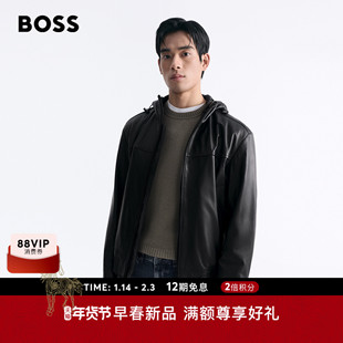 【羊皮革】BOSS博斯 男士26年春季新款羊皮革连帽皮衣