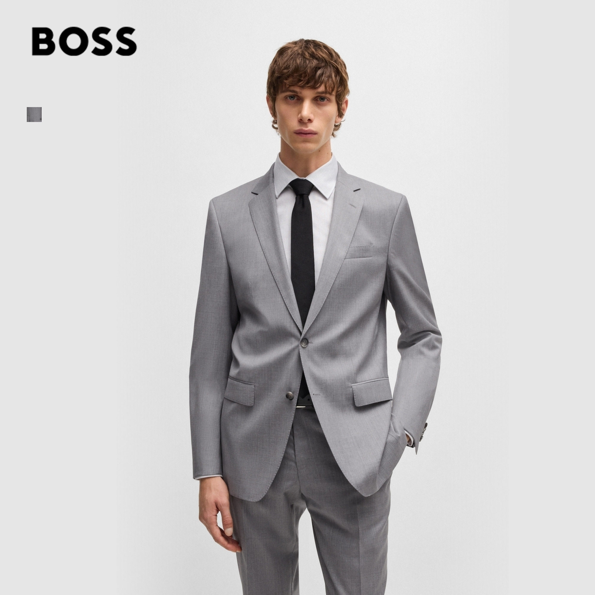 【100%羊毛 正装】BOSS博斯 男士弹力羊毛面料修身西装套装