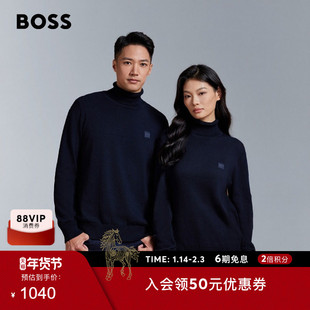 【含羊绒】BOSS博斯 男士棉质和羊绒混纺常规版型高翻领毛衣