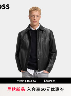 【羊皮革】BOSS博斯 男士26年秋季新款金属徽标纽扣常规皮衣夹克