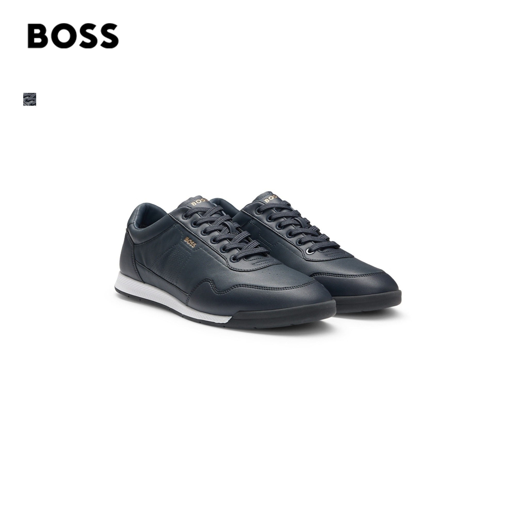 【父亲节礼物】【礼物】BOSS博斯 男士金色徽标皮革运动鞋