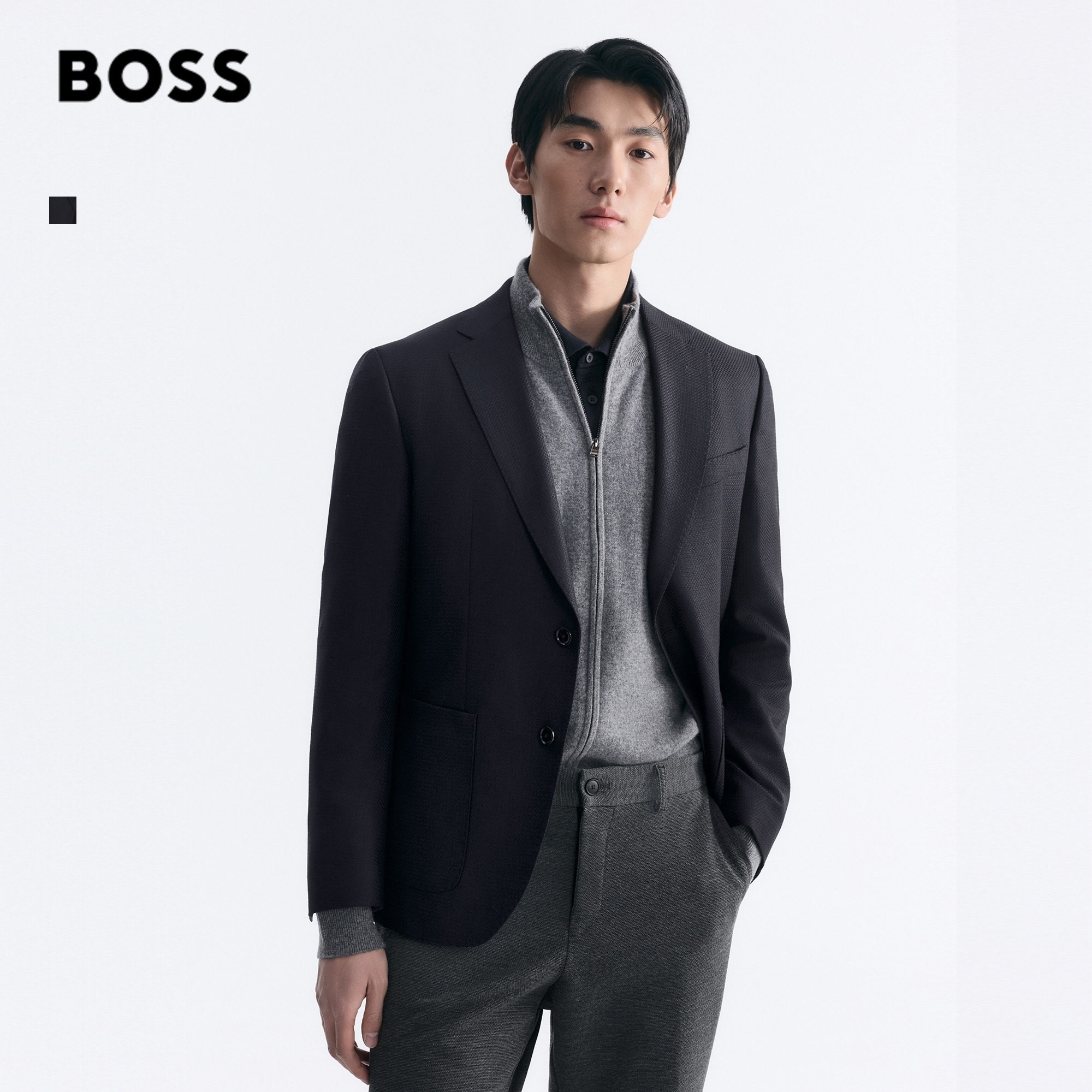 【100%羊毛】BOSS博斯 男士26春季新款图案装饰垫肩羊毛西装外套