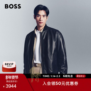 【羊皮革 棒球领】BOSS博斯 冬款纹理皮革皮衣夹克