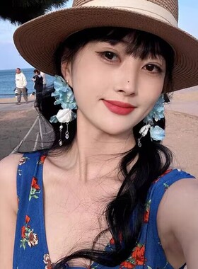 海边度假风夏日蓝色花朵流苏耳环2025新款绝美夸张海滩旅游耳饰